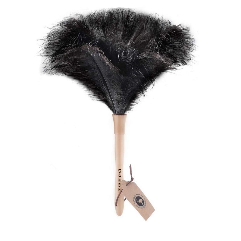 Ddzmz Feather Duster  Ostrich Feather Duster Ddzmz Fluffy Natural Genuine Ostrich Feathers and Reusable Wooden Long Handle Large Ostrich Feather Duster Cleaning for Housewife Black Length 16"" 1Pack - Image 1